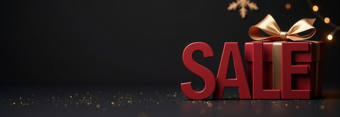 on right side of image are big letters "SALE" over  dark red gift box with golden bow