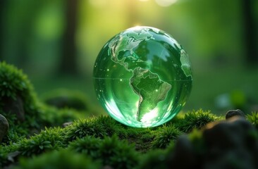 Glowing glass planet earth on green natural background, ecology concept