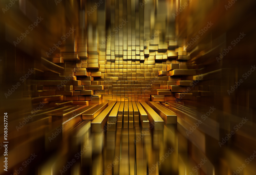 Poster a dazzling, immersive space filled with gleaming golden bars, creating a sense of depth and luxury. 