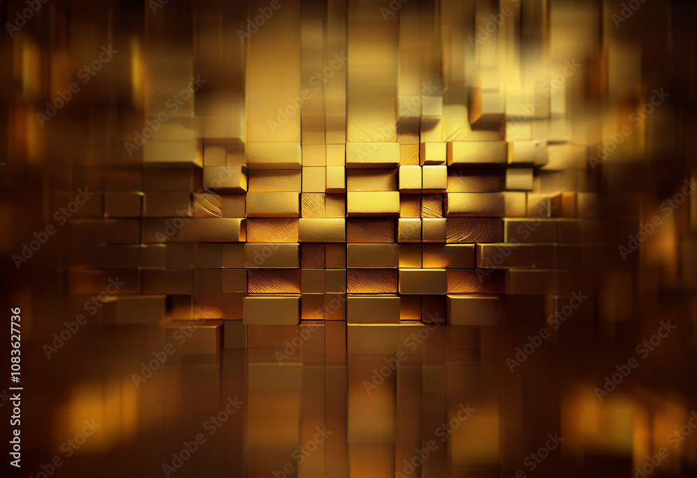 Poster A shimmering wall of golden, cubic shapes reflects light, creating a luxurious, abstract backdrop.  The depth and subtle motion suggest a three-dimensional, almost architectural, design.