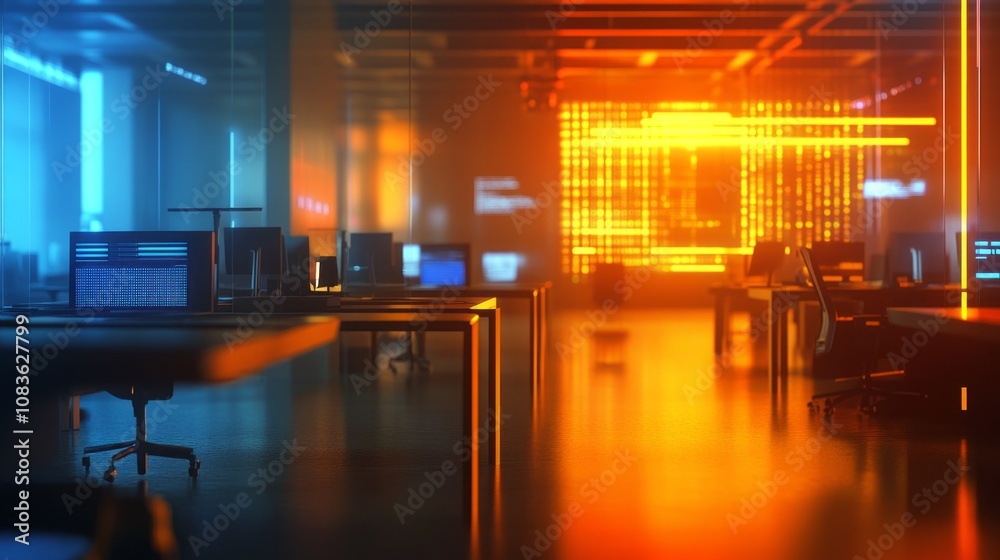Poster a computer room with a bright orange wall and a lot of computer monitors