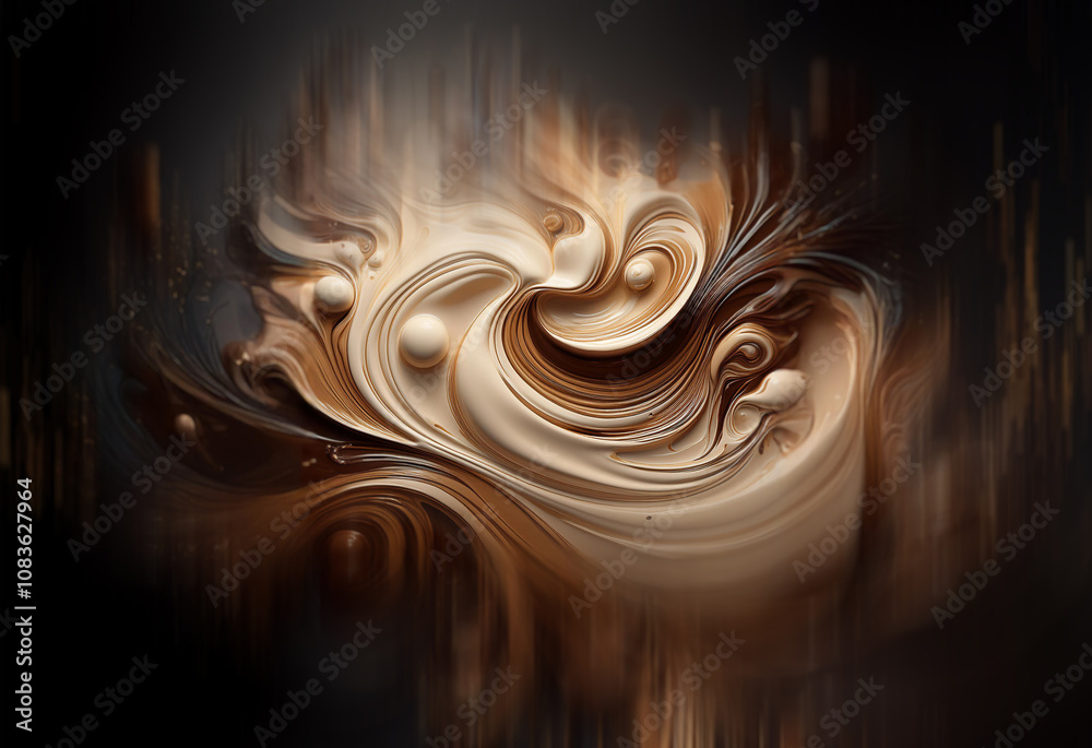Poster Swirling, abstract artwork in beige and brown tones.  Fluid forms create a dynamic, almost three-dimensional effect against a dark background. The image evokes feelings of movement and fluidity.