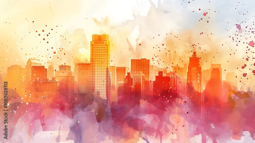 Canvas Prints A vibrant watercolor skyline depicting a city at sunset, blending warm colors and abstract shapes.