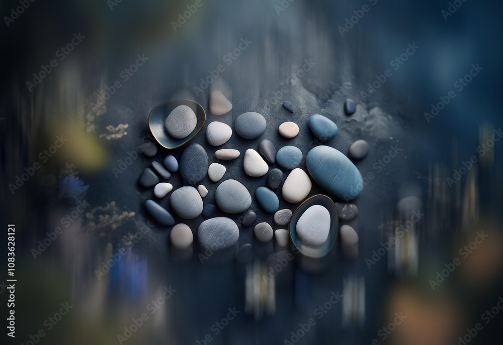 Aufkleber smooth, sea-worn stones in shades of gray and white are artfully arranged on a dark background. blur