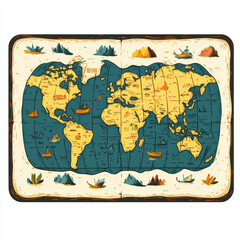 Naklejka premium Vintage Illustrated World Map with Colorful Oceans and Landmarks, Featuring Boats, Mountains, and Detailed Geographic Features for Travel Enthusiasts and Adventurers
