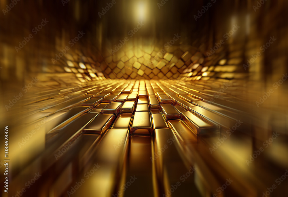 Poster A perspective view of a tunnel paved with gleaming gold bars, leading to a bright light source.  The walls are also textured with gold, creating a luxurious, opulent atmosphere.
