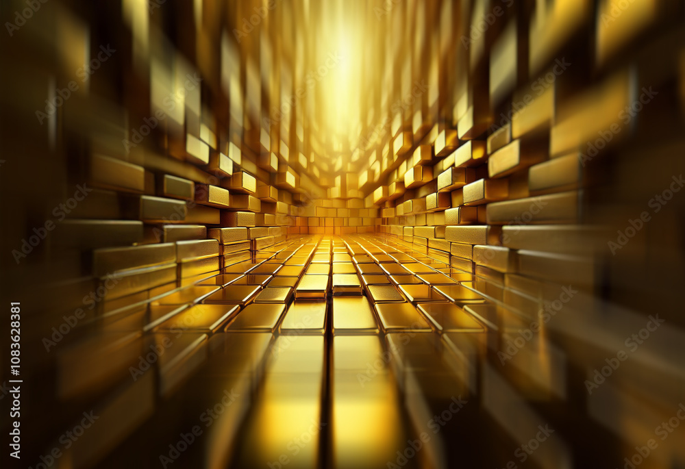 Poster A dazzling perspective down a tunnel of gleaming gold blocks, the light at the end creating a radiant, almost ethereal effect.  The walls are made of rectangular, shimmering gold bricks.