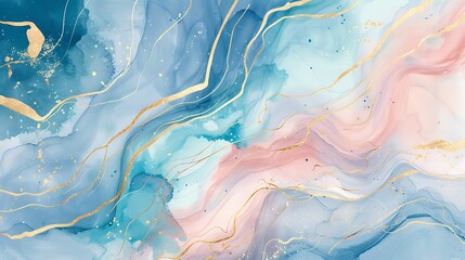 Fototapeta premium Abstract fluid art with blue, pink, and gold tones, creating a serene and elegant visual effect.