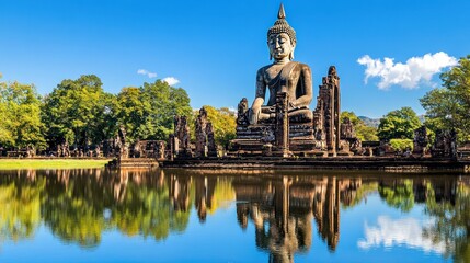 Fototapeta premium A serene Buddha statue reflected in a tranquil pond, surrounded by lush greenery.
