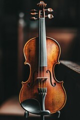 Fototapeta premium A violin on a stand against a dark background.