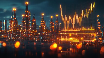 Fototapeta premium Energy Stock Power Generation Oil refinery in the background with energy stock fluctuations on a glowing graph, power generation theme, 3D illustration