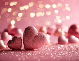 Obraz premium Valentine's day concept. pink background with pink glitter hearts and bokeh lights