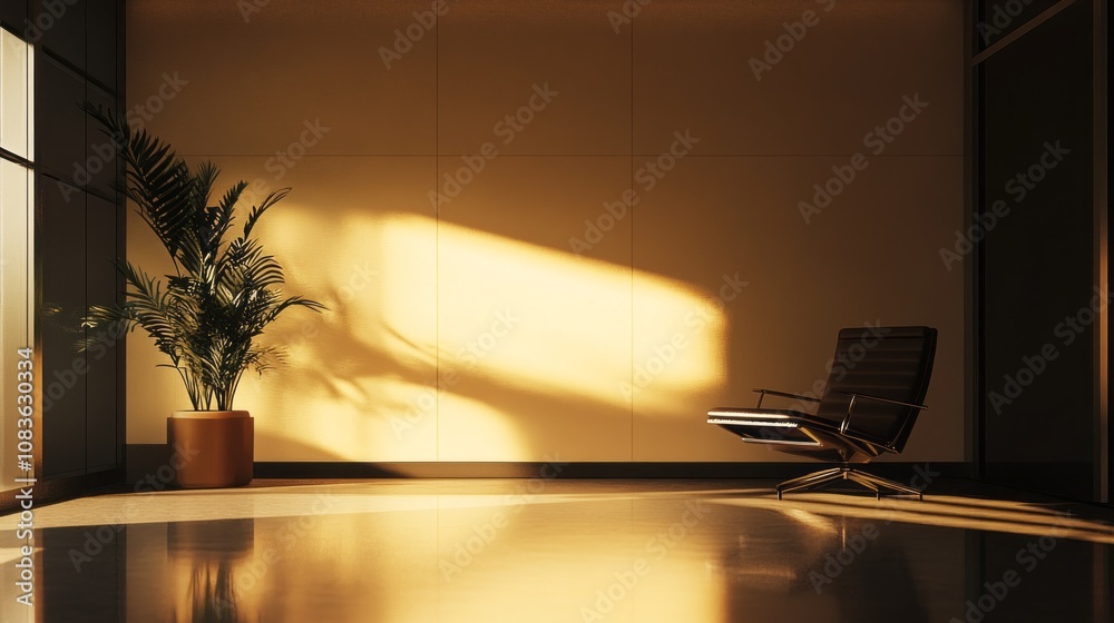 Poster a black chair sits in a room with a large window