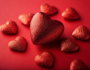 Obraz premium Valentine's day concept. Red background with glitter hearts 