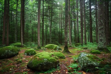 Lush forest scene featuring moss-covered rocks and tall trees.