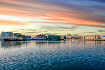 Reykjavik, on the coast of Iceland, is the country's capital and largest city.