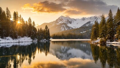 Fototapeta premium Pristine Alpine Lake Surrounded by Snow-Capped Peaks and Pine Trees, Captured at Sunset With a Golden Sky Reflecting on the Water for a Stunning Nature Landscape Scene