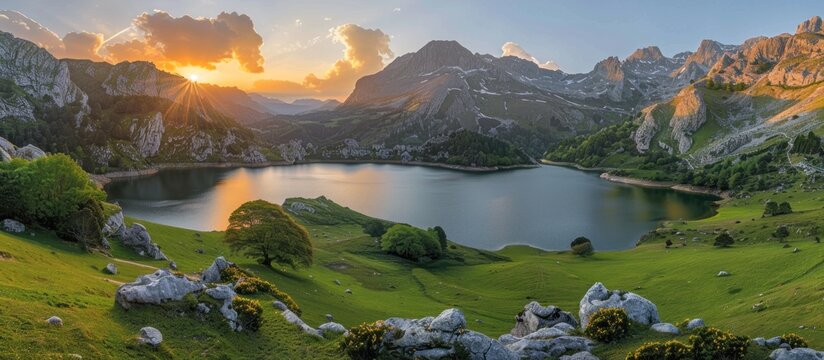 panoramic view of the mountains around Rauto lake in Spain at sunset, cinematic photography.