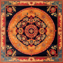 Fototapeta premium A Serene Tibetan Rug Showcasing an Enriching Array of Spiritual Themes in Warm Color Tones