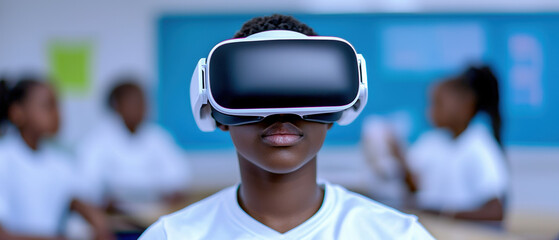 A focused student explores virtual reality through a headset in a modern classroom environment.