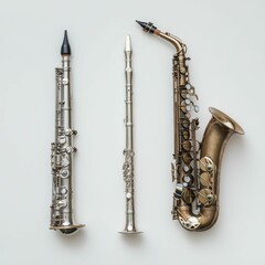 Three brass instruments on white background.