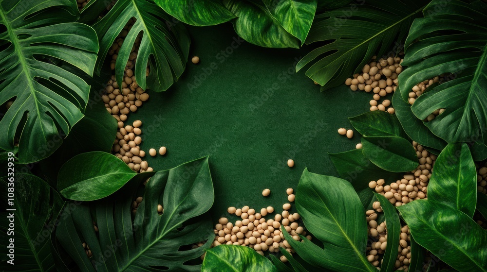 Poster soybeans are displayed amidst lush green tropical leaves, creating a vibrant and fresh atmosphere in