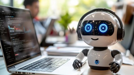 Friendly Robot Assistants in Modern Workspace with Headphones and Laptop, Concept of Technology, Innovation, and Future of Work Environments