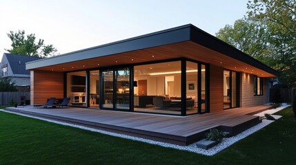 Fototapeta premium Modern House with Wooden Deck and Large Windows