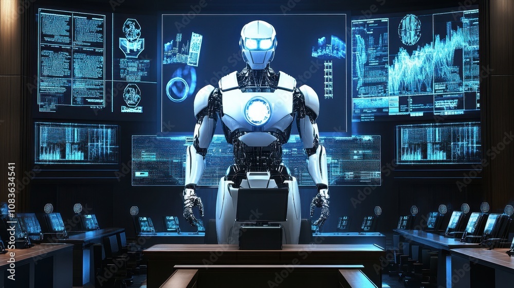Poster futuristic robot interaction in high-tech control room with digital displays, charts, and graphs sho