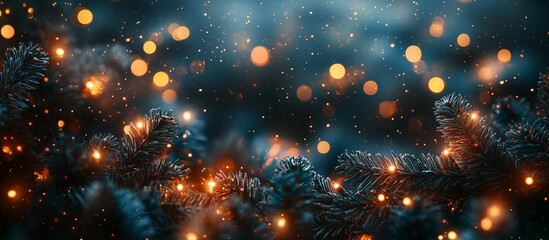 Spruce tree, Christmas tree close up, bokeh lights blue background. Merry Christmas and Happy Holidays greeting card, frame, banner. New Year. Noel. Winter xmas festive theme.	
