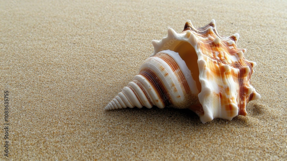Poster a beautiful seashell sits alone on a soft sandy beach, illuminated by the sun, capturing the essence