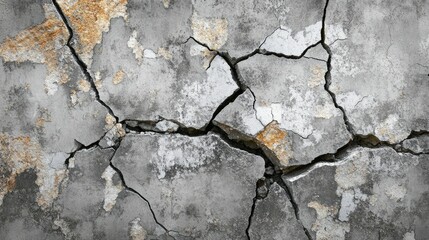 Obraz premium Detailed Close-up of Weathered Concrete Wall with Cracks and Rusty Stains Highlighting Textures of Decay and Ageing in Urban Environments