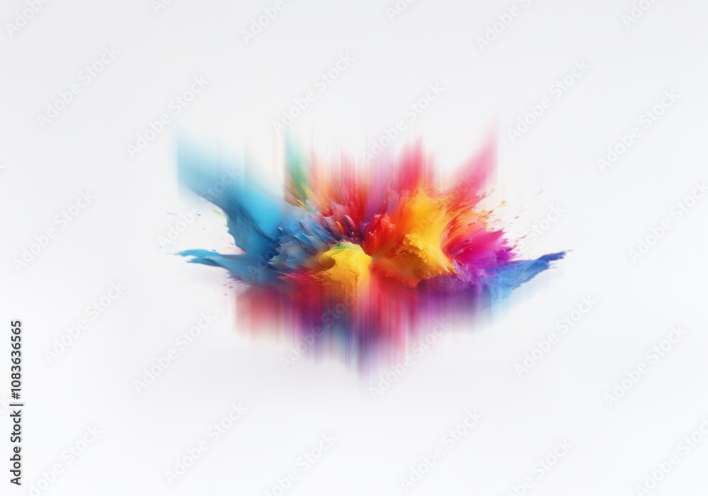 Poster an abstract explosion of colorful paint splatters across a white background.