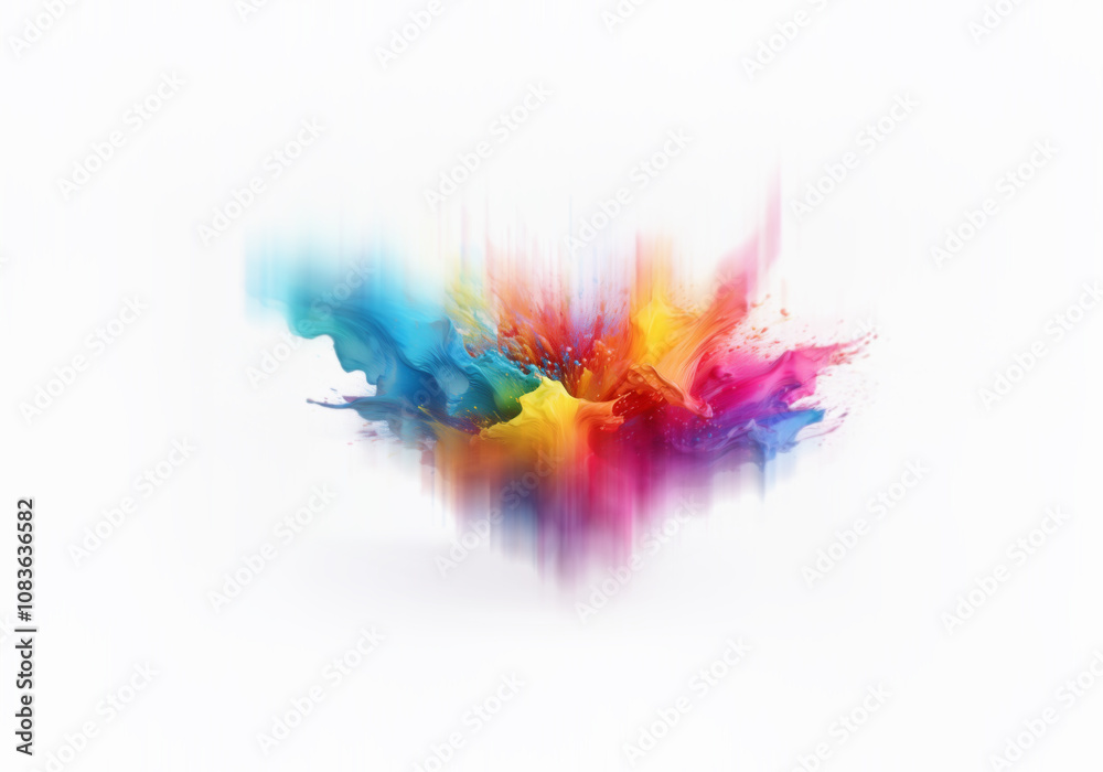 Poster colorful liquid explosion with splashes and streaks forming abstract shapes on a white background.