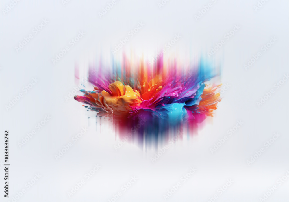 Poster A vibrant explosion of colorful paint splatters across a white background, creating a dynamic and abstract composition.