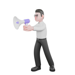 Fototapeta premium Film Set Cartoon Producer. A male producer walks to the right while holding a loudspeaker in both hands. Cartoon 3D Model