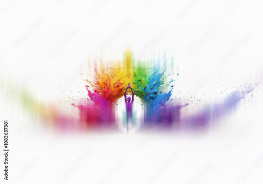 Poster a purple figure with arms raised is centered in front of a colorful, liquid-like paint explosion.