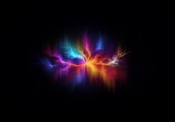 Abstract design featuring colorful glowing lines radiating outwards on a black background.