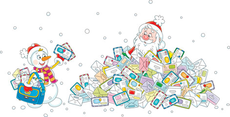 Fototapeta premium Funny snowman postman and Santa Claus in a heap of envelopes with letters and postcards from little children, vector cartoon illustration on white