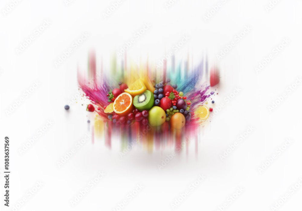 Poster An assortment of colorful fruits arranged on a white background with a rainbow splash of color behind them.