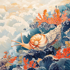 An Elegantly Illustrated Scene of Marine Snails Gliding Over Vibrant Coral Reefs in the Style of Traditional Ukiyo-e Art