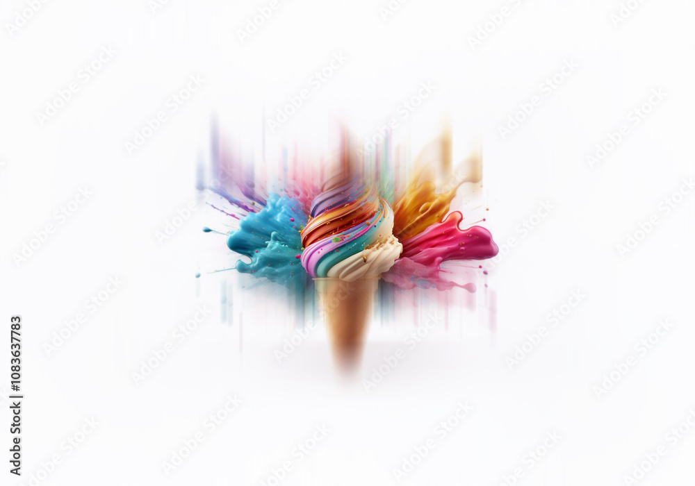 Poster an ice cream cone surrounded by a vibrant explosion of colorful paint splatter.