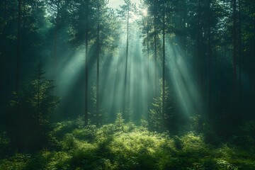 a lush green forest with dappled sunlight filtering through the trees. dense forest, sunlight through trees, green woodland, forest landscape, tree canopy, forest environment