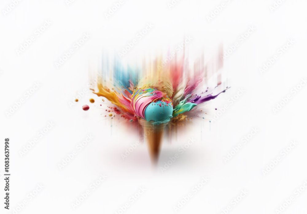 Poster a colorful explosion of paint surrounds a scoop of ice cream in a cone.