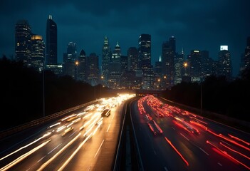 Fototapeta premium A busy city highway at night with blurred car lights and a skyline of tall skyscrapers in the background