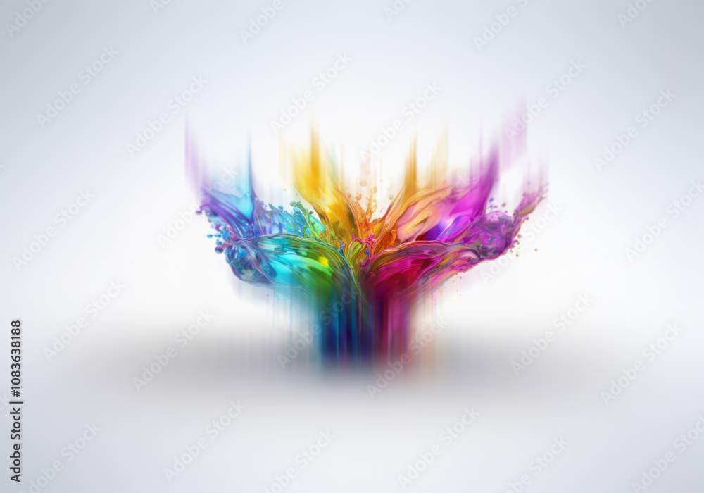 Poster a colorful explosion of liquid erupts and creates a pool of vibrant hues on a white background.