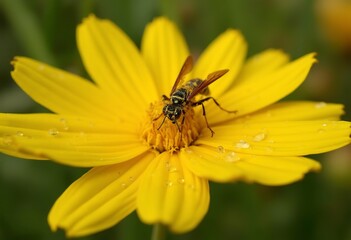 A close-up view of a black and yellow wasp or hornet drinking nectar from a yellow flower
