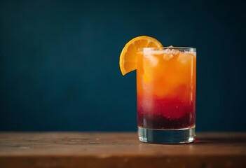 A colorful cocktail with a slice of orange in a glass against a dark blue background