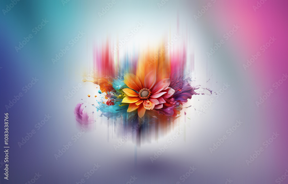 Aufkleber a single flower with bright petals is surrounded by a burst of colorful paint splatter on a white ba