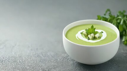 Fresh Green Soup with Creamy Swirl and Garnish Served in White Bowl on Gray Stone Background, Perfect for Healthy Eating and Culinary Photography